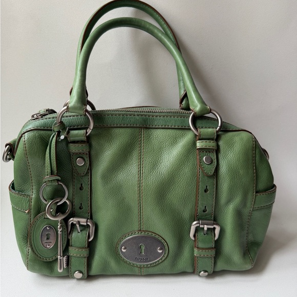 Fossil Maddox Green Leather Satchel Bag Rare - Picture 2 of 16